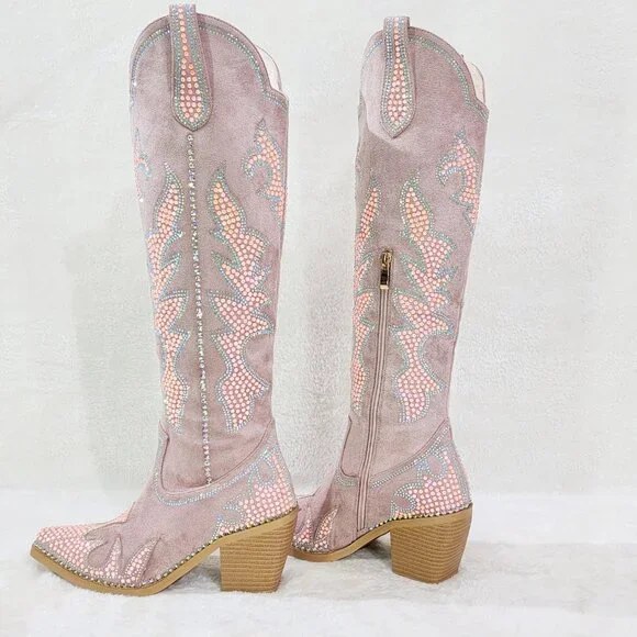 Sparks Country Western Cowgirl Knee Boots Dazzleing Iridescent Rhinestones Pink